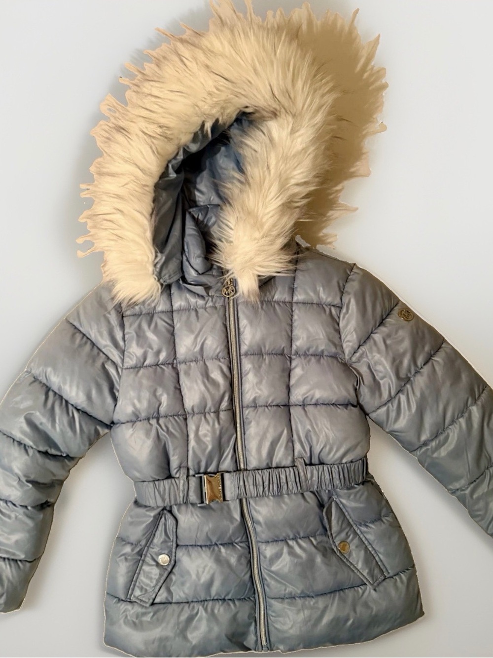 MICHAEL Michael Kors Womens 10 - 12 Blue Quilted Puffer Jacket Faux Fur Hood